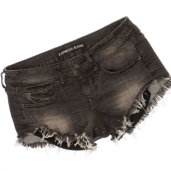 Express Shorts Juniors 00 Mid Rise Charcoal Wash Raw Hem Stretch Measures W28 - Picture 5 of 7
